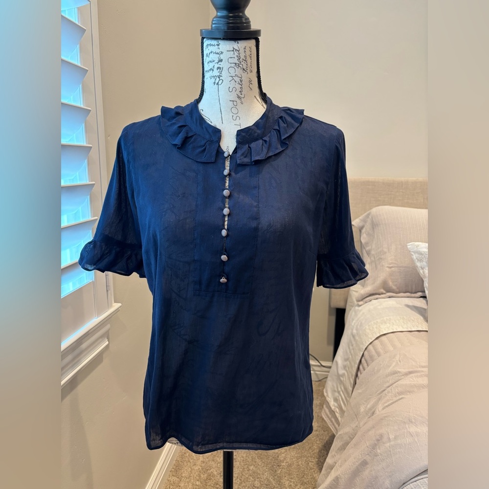 J. Crew Navy Ruffle-Trim Button-Front Blouse